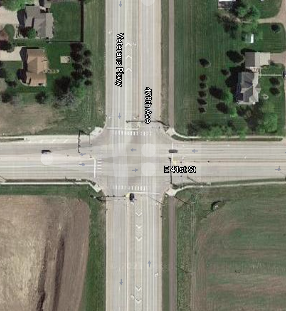 Birds-eye view of 41st Street and Highway 11 (aka Veterans Parkway) via Google Maps.